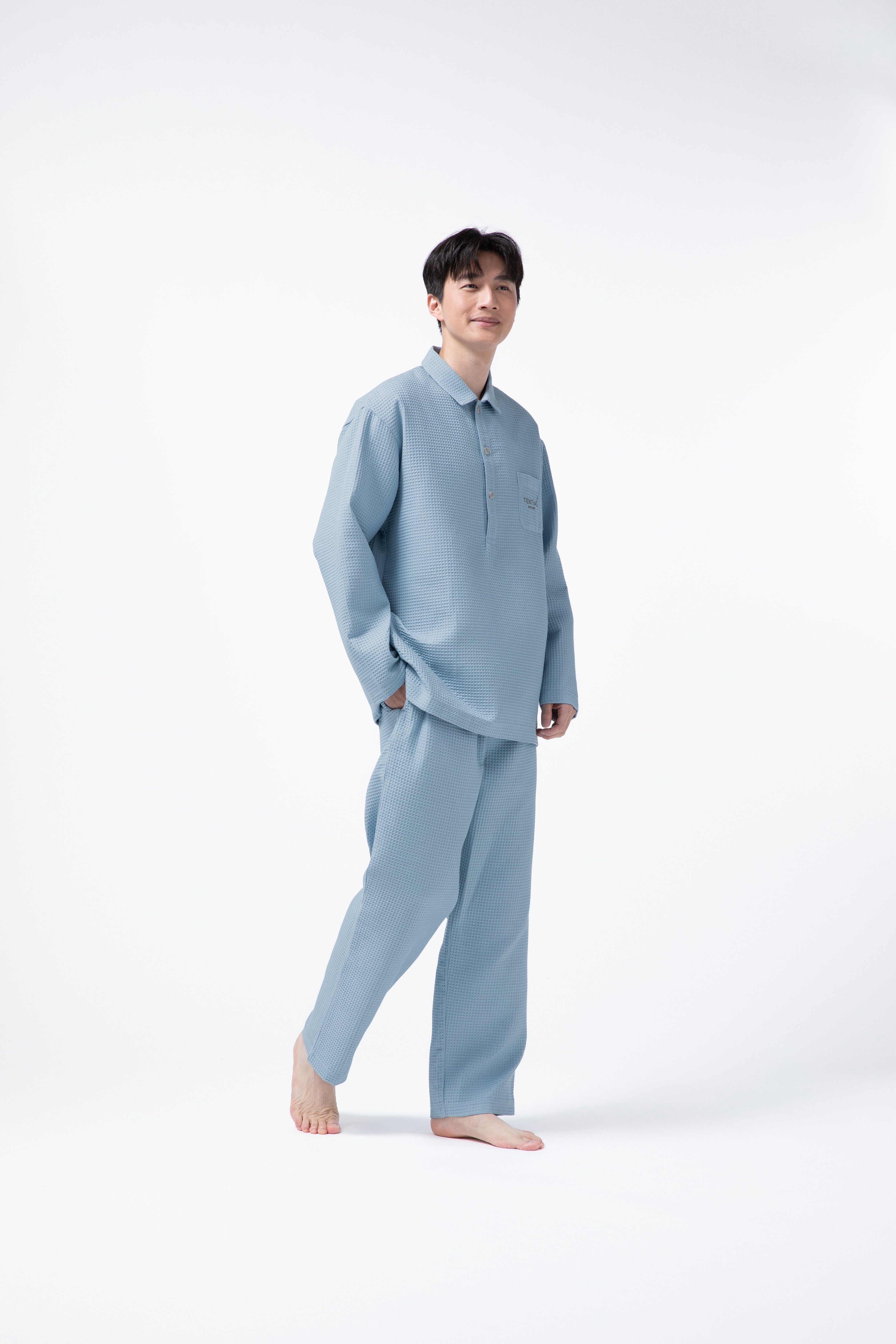 BAKUNE Waffle Men's Long Sleeve Button Down Pullover / Long Pants
