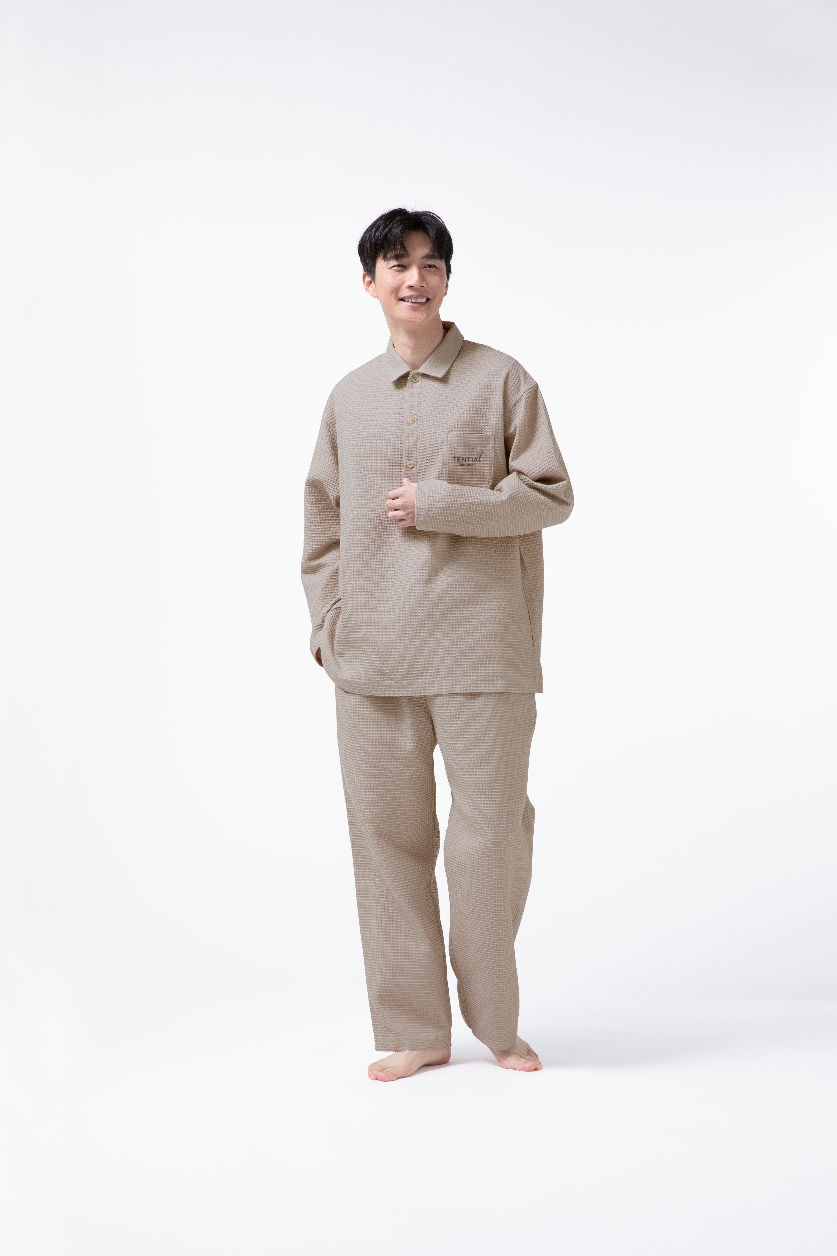 BAKUNE Waffle Men's Long Sleeve Button Down Pullover / Long Pants