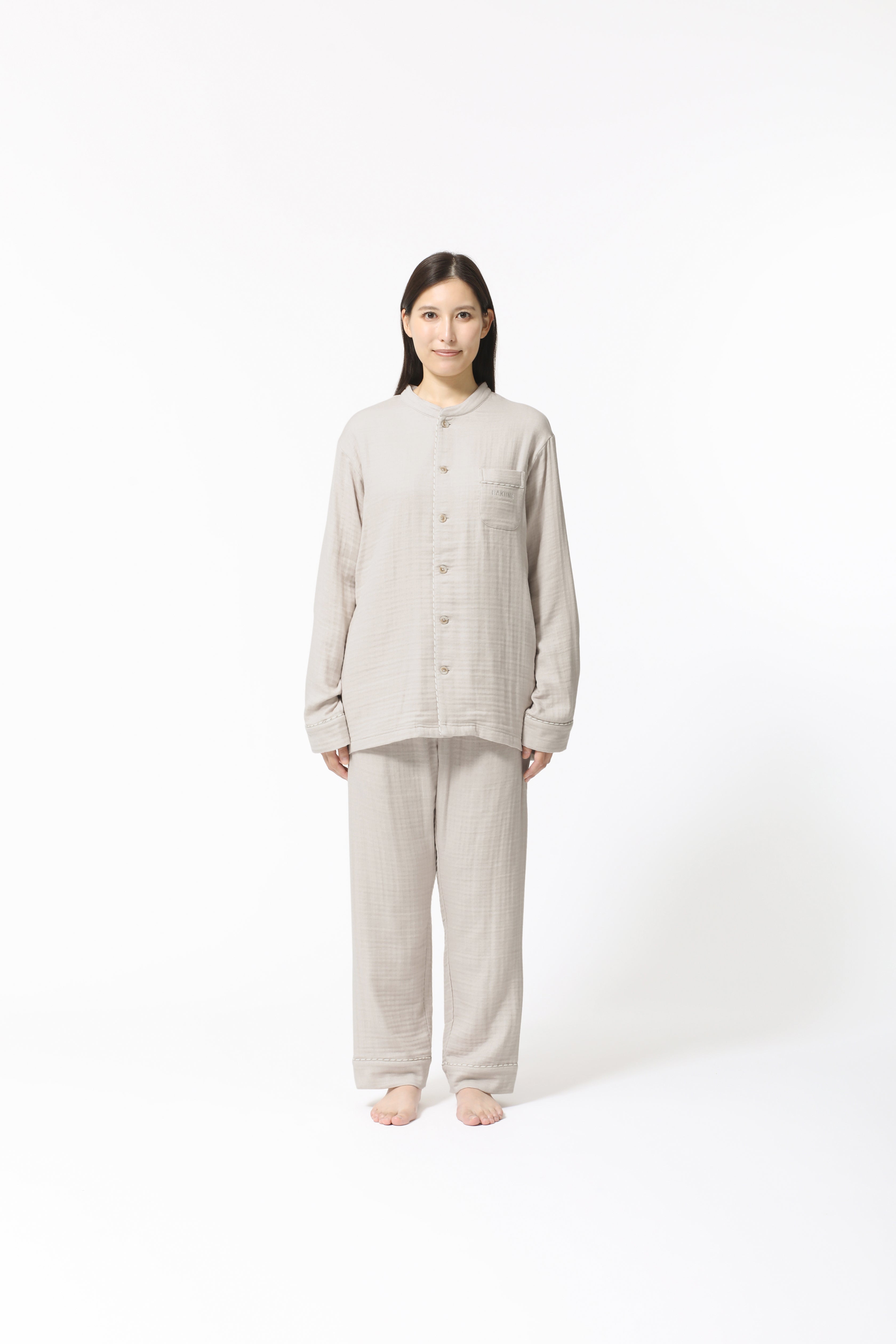 BAKUNE Pajamas Gauze Long Sleeve Shirt Band Collar/ Long Pants