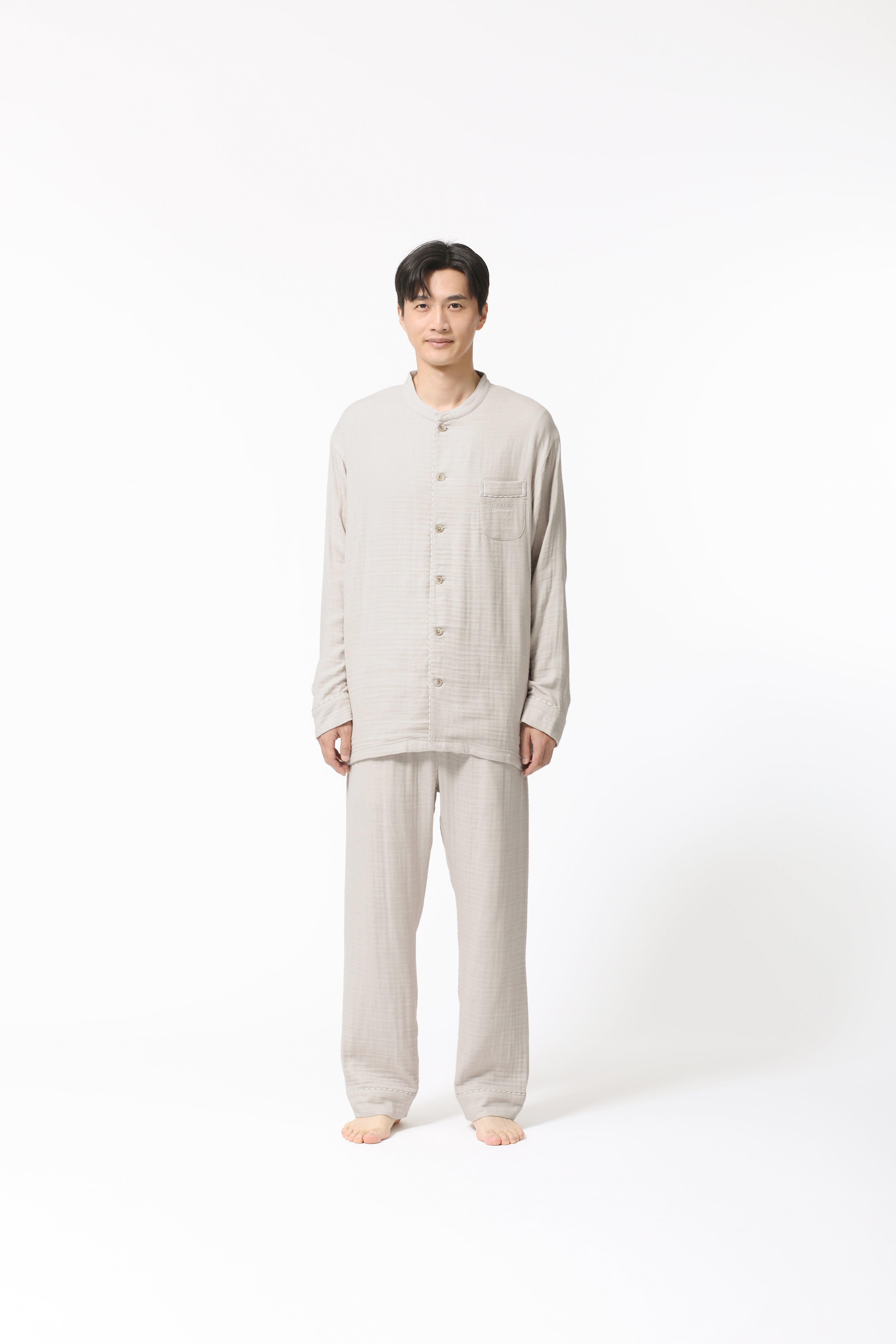 BAKUNE Pajamas Gauze Long Sleeve Shirt Band Collar/ Long Pants