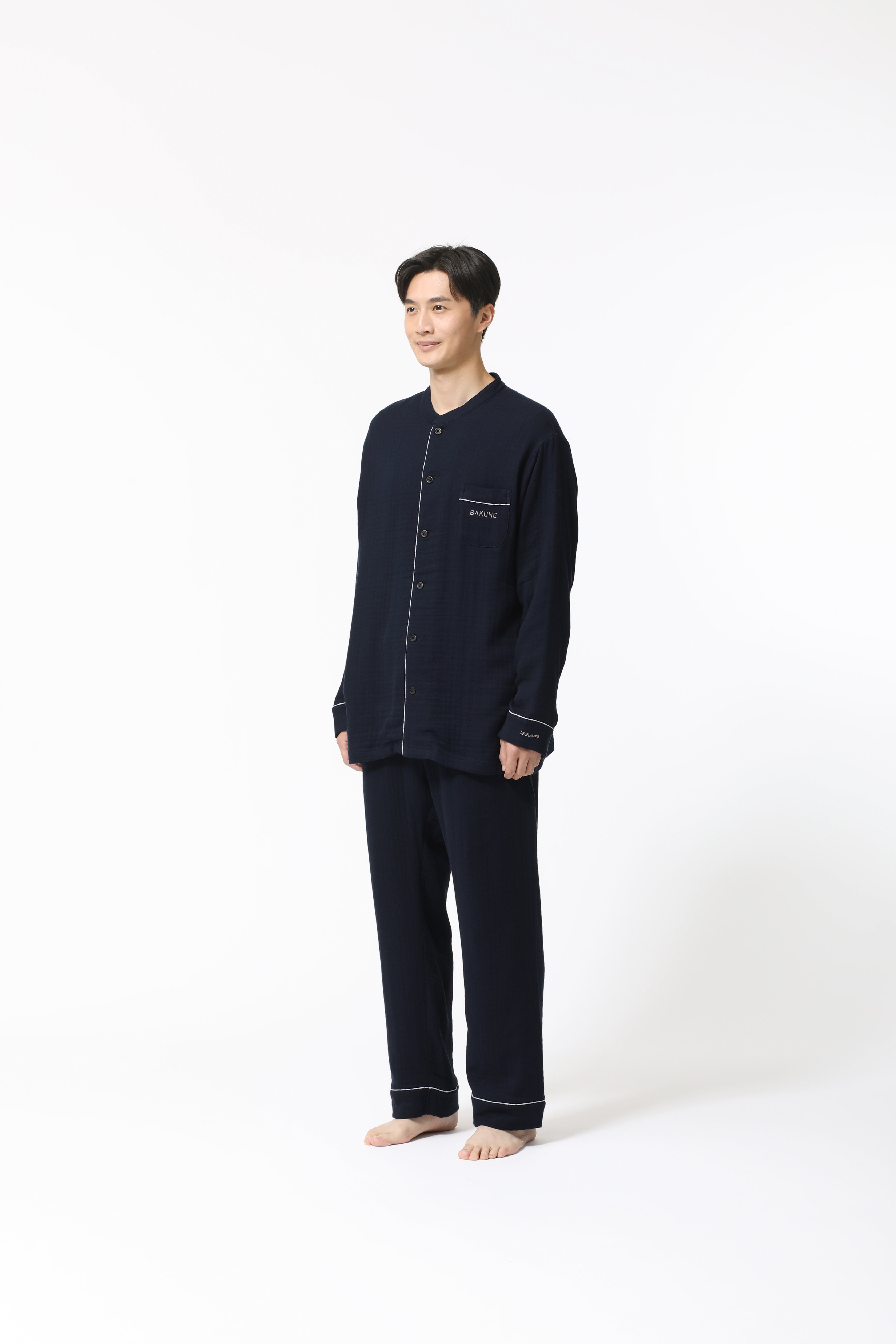 BAKUNE Pajamas Gauze Long Sleeve Shirt Band Collar/ Long Pants