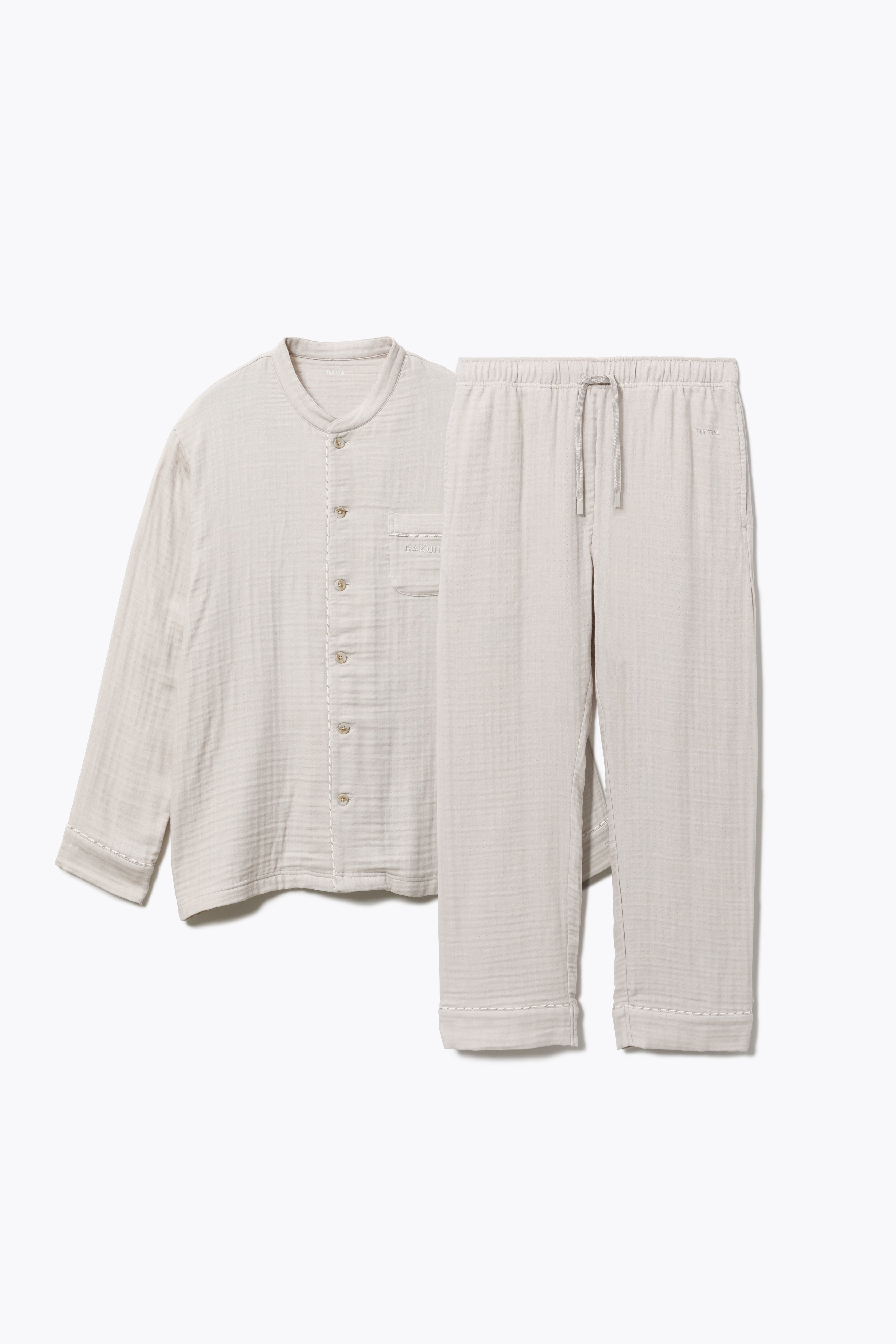 BAKUNE Pajamas Gauze Long Sleeve Shirt Band Collar/ Long Pants