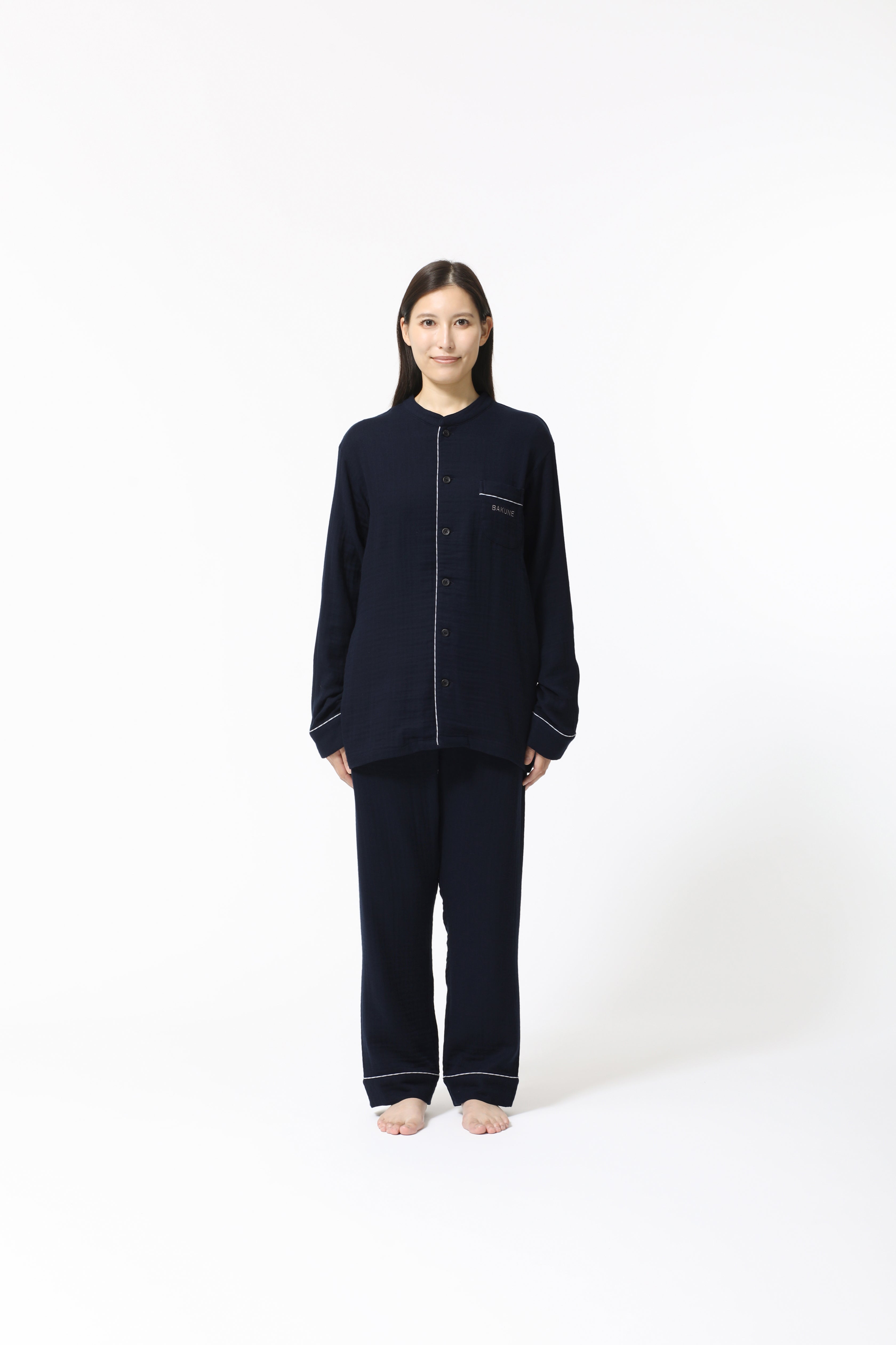 BAKUNE Pajamas Gauze Long Sleeve Shirt Band Collar/ Long Pants