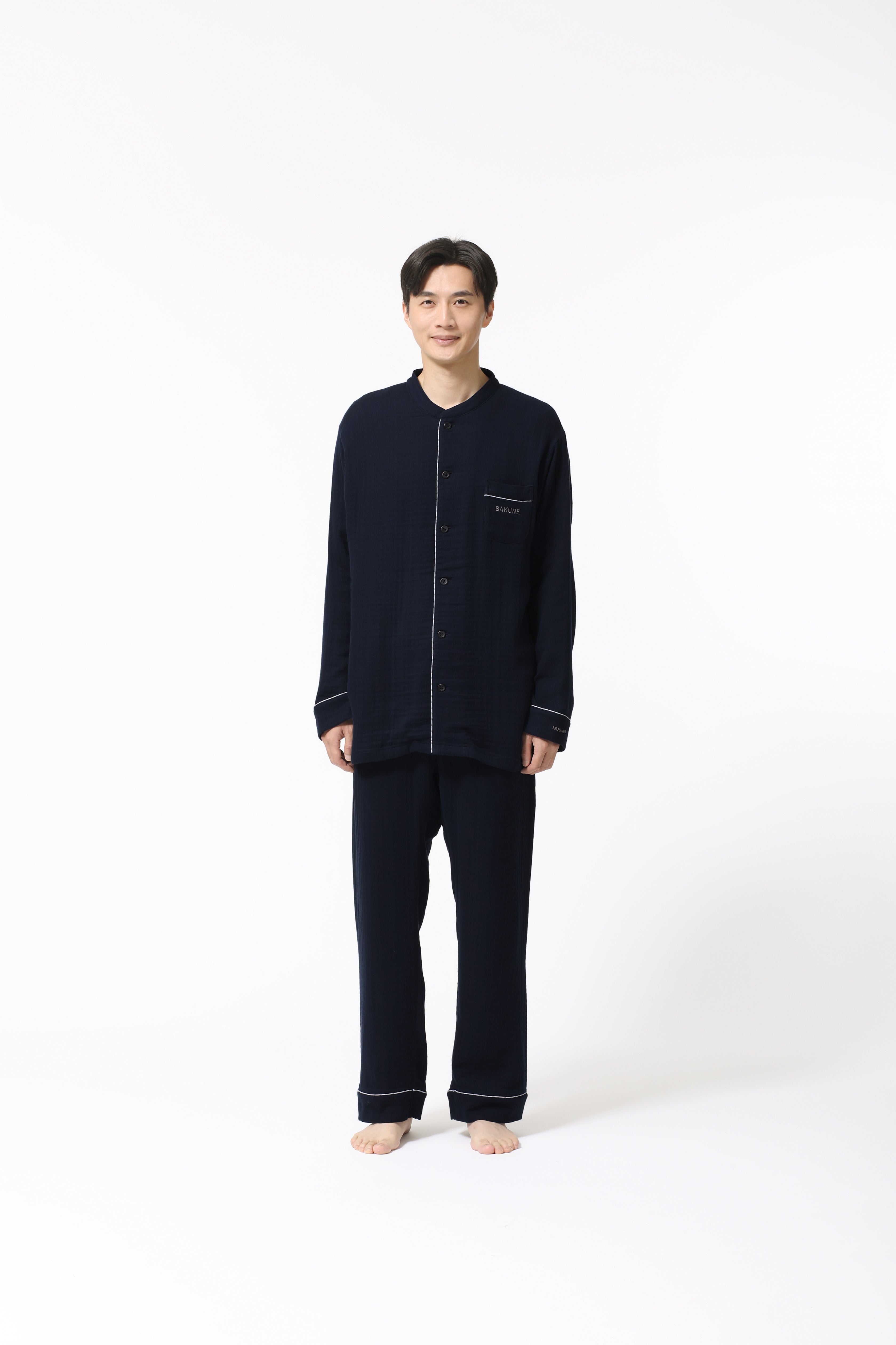 BAKUNE Pajamas Gauze Long Sleeve Shirt Band Collar/ Long Pants